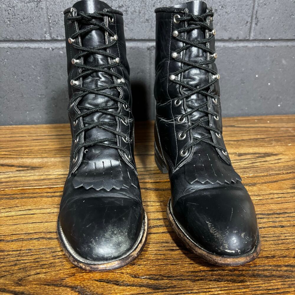 Vintage Justin Lace Up Roper Boots Women’s 8.5B Black Leather Kiltie USA Western - Picture 3 of 8